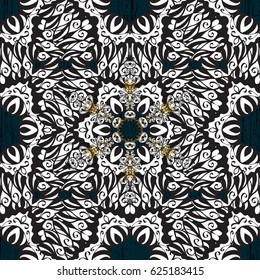 Vector golden textile print. Floral tiles. Islamic design. Pattern oriental ornament. Golden pattern on blue background with golden elements.