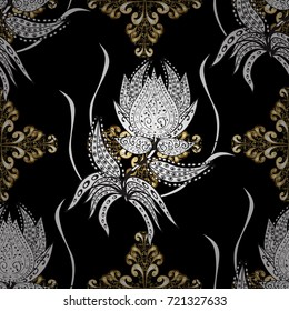 Vector golden textile print. Floral tiles. Golden pattern on black, white and gray colors with golden elements. Islamic design. Seamless pattern oriental ornament.