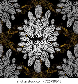 Vector golden textile print. Floral tiles. Golden pattern on black, white and brown colors with golden elements. Islamic design. Seamless pattern oriental ornament.