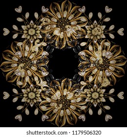 Vector golden textile print. Islamic design. Golden pattern on black, brown and beige colors with golden elements. Seamless pattern oriental ornament. Floral tiles.