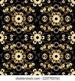 Vector golden textile print. Islamic design. Floral tiles. Seamless pattern oriental ornament. Golden pattern on yellow colors with golden elements.
