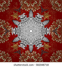 Vector golden textile print. Islamic design. Oriental ornament. Floral tiles. Golden pattern on red background with golden elements.