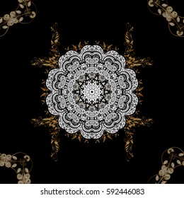 Vector golden textile print. Islamic design. Floral tiles. Golden pattern on black background with golden elements. Pattern oriental ornament.