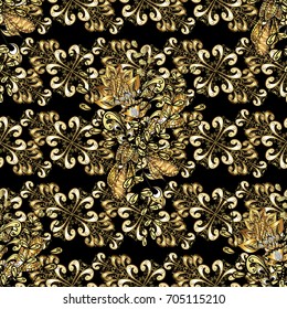 Vector golden textile print. Islamic design. Pattern on black background with golden elements. Seamless pattern oriental ornament. Floral tiles.