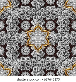 Vector golden textile print. Golden pattern on brown background with golden elements. Floral tiles. Seamless pattern oriental ornament. Islamic design.