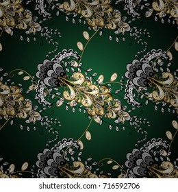 Vector golden textile print. Golden pattern on green gradient background with golden elements. Seamless pattern oriental ornament. Islamic design. Floral tiles.