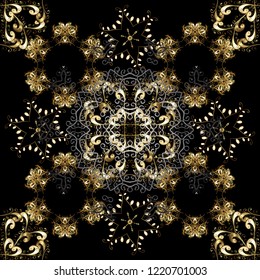 Vector golden textile print. Seamless pattern oriental ornament. Floral tiles. Islamic design. Golden pattern on brown, black and gray colors with golden elements.