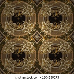 Vector golden textile print. Seamless pattern oriental ornament. Floral tiles. Islamic design. Golden pattern on brown and beige colors with golden elements.