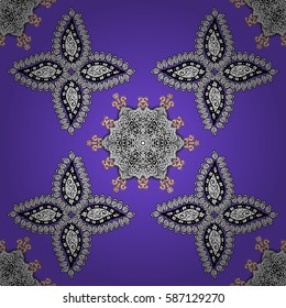 Vector golden textile print. Seamless pattern oriental ornament. Golden pattern on violet background with golden elements. Floral tiles. Islamic design.