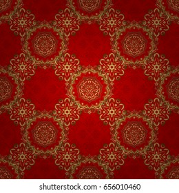Vector golden texture. Geometric background with rhombus and nodes. Vector seamless pattern on a red background. Golden background. Seamless geometric pattern. Abstract geometric pattern.