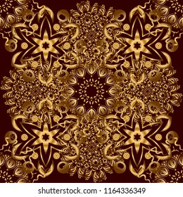 Vector golden texture, gold lines and grids seamless pattern, curved metal, foil background with 3D visual effects on a brown background.