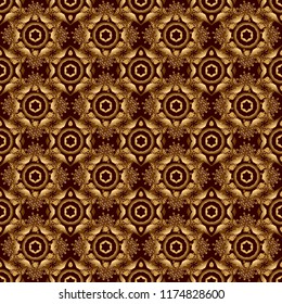 Vector golden texture, gold lines and grids seamless pattern, curved metal, foil background with 3D visual effects on a brown background.