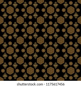 Vector golden texture, gold lines and grids seamless pattern, curved metal, foil background with 3D visual effects on a black background.