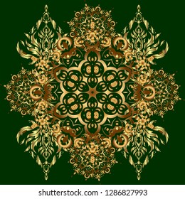 Vector golden texture, gold lines and grids seamless pattern, curved metal, foil background with 3D visual effects on a green background.