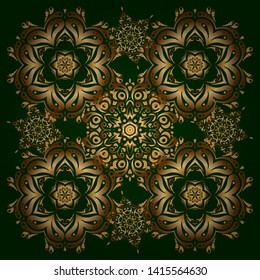 Vector golden texture, gold lines and grids seamless pattern, curved metal, foil background with 3D visual effects on a green background.