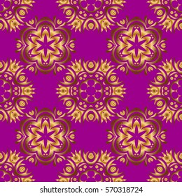 Vector golden texture, gold lines and grids seamless pattern, curved metal, foil background with 3D visual effects on a purple background.