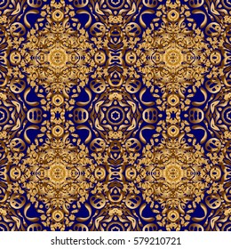 Vector golden texture, gold lines and grids seamless pattern, curved metal, foil background with 3D visual effects on a blue background.