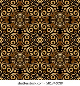 Vector golden texture, gold lines and grids seamless pattern, curved metal, foil background with 3D visual effects on a black background.