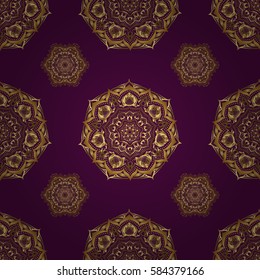Vector golden texture, gold lines and grids seamless pattern, curved metal, foil background with 3D visual effects on a purple background.