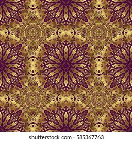 Vector golden texture, gold lines and grids seamless pattern, curved metal, foil background with 3D visual effects on a purple background.