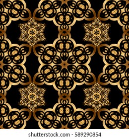 Vector golden texture, gold lines and grids seamless pattern, curved metal, foil background with 3D visual effects on a black background.