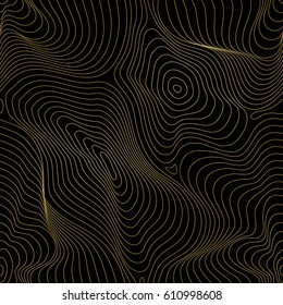 Vector golden texture, gold lines seamless pattern, curved metal background with 3D visual effect. Abstract dynamic surface, illusion of movement, curvature. Stylish dark design for prints, digital