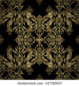 Vector golden texture, gold lines and grids seamless pattern, curved metal, foil background with 3D visual effects on a black background.