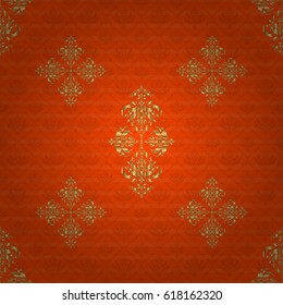Vector golden texture, gold lines and grids seamless pattern, curved metal, foil background with 3D visual effects on a orange background.