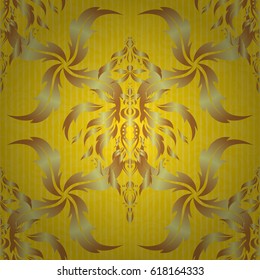 Vector golden texture, gold lines and grids seamless pattern, curved metal, foil background with 3D visual effects on a yellow background.