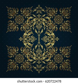 Vector golden texture, gold lines and grids seamless pattern, curved metal, foil background with 3D visual effects on a blue background.