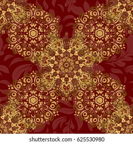 Vector golden texture, gold lines and grids seamless pattern, curved metal, foil background with 3D visual effects on a red background.