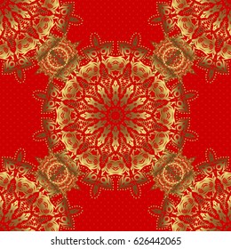 Vector golden texture, gold lines and grids seamless pattern, curved metal, foil background with 3D visual effects on a red background.