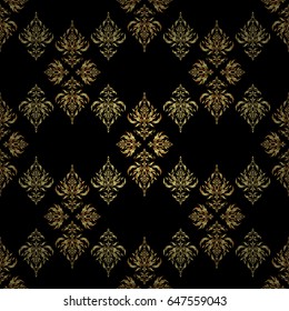 Vector golden texture, gold lines and grids seamless pattern, curved metal, foil background with 3D visual effects on a black background.