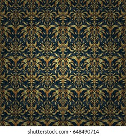 Vector golden texture, gold lines and grids seamless pattern, curved metal, foil background with 3D visual effects on a blue background.
