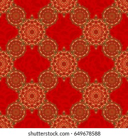 Vector golden texture, gold lines and grids seamless pattern, curved metal, foil background with 3D visual effects on a red background.