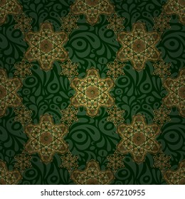 Vector golden texture, gold lines and grids seamless pattern, curved metal, foil background with 3D visual effects on a green background.