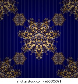 Vector golden texture, gold lines and grids seamless pattern, curved metal, foil background with 3D visual effects on a blue background.