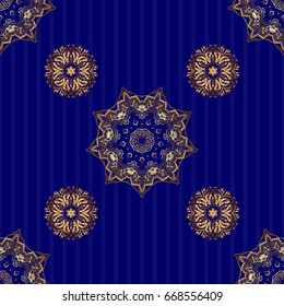 Vector golden texture, gold lines and grids seamless pattern, curved metal, foil background with 3D visual effects on a blue background.