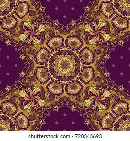 Vector golden texture, gold lines and grids seamless pattern, curved metal, foil background with 3D visual effects on a purple background.