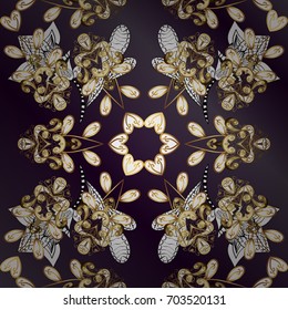 Vector golden. Golden textured curls. Golden elements in oriental style arabesques. On purple and lilac background.