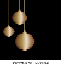 Vector golden Three Pixel art Christmas tree ball toy. Minimalism design. Christmas background, greeting card for New Year