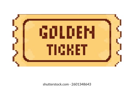 Vector golden ticket icon. Ticket pixel art template isolated on white background.