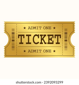 Vector golden ticket template. Admit one. Cinema, theater, casino, concert, game, party, event, festival gold ticket.Vector illustration.