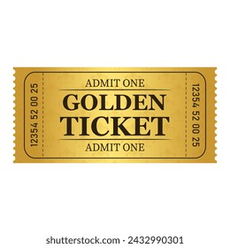 Vector golden ticket template. Admit one. Vector illustration.