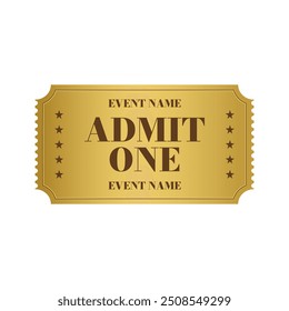 Vector golden ticket template. Admit one. Vector illustration.