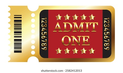 Vector golden ticket template. Admit one gold stars. Casino, theater, cinema, concert, game, party, event, festival gold and red vintage ticket. Vector illustration.