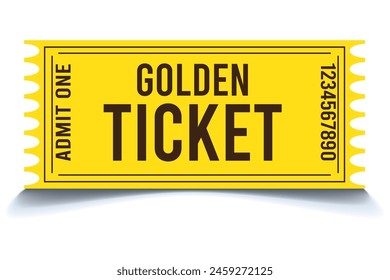 Vector golden ticket template. Cinema, theater, casino, concert, game, party, event, festival gold ticket. Invite ticket for casino club. Vector illustration.