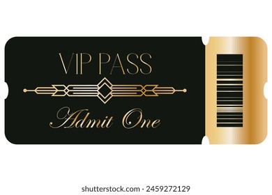 Vector golden ticket template. Cinema, theater, casino, concert, game, party, event, festival gold ticket. Invite ticket for casino club. Vector illustration.