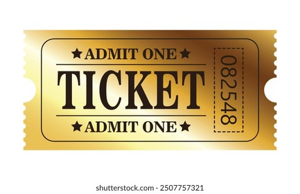 Vector golden ticket template. Cinema, theater, casino, concert, game, party, event, festival gold ticket. Invite ticket for casino club. Admit one. Vector illustration.