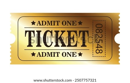 Vector golden ticket template. Cinema, theater, casino, concert, game, party, event, festival gold ticket. Invite ticket for casino club. Admit one. Vector illustration.